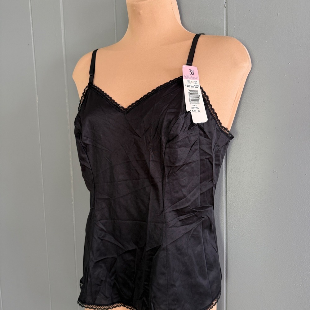 NWT Vintage Black Nylon Lace Trim Camisole Slip Top M V-Neck Coquette 90s Sz 38